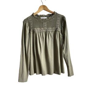 LOFT Olive Green Crochet Yoke Long Sleeve Blouse